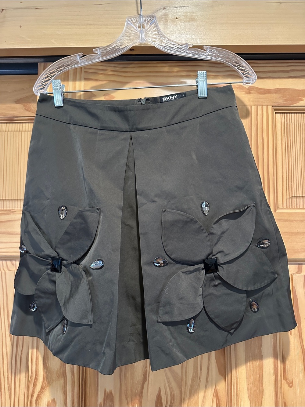 DKNY Olive Green Floral-Appliqué Skirt with Jewel Accents